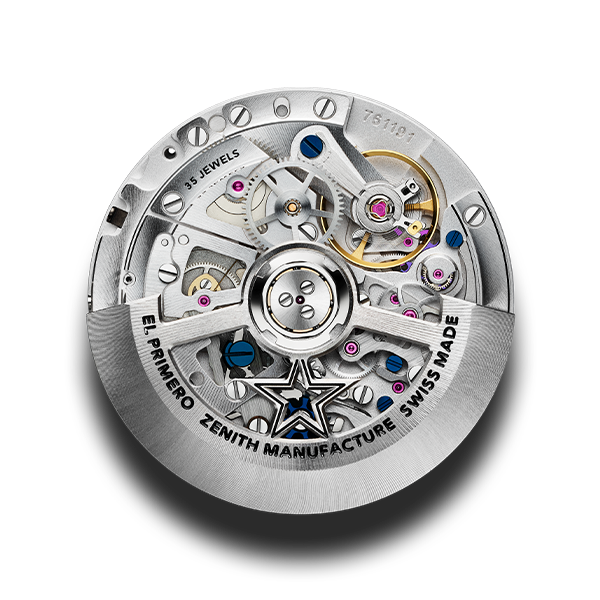 Close-up of the ZENITH EL PRIMERO 3600 automatic chronograph movement, showcasing its intricate gears, bridges, and rubies, along with the distinctive star-shaped rotor.